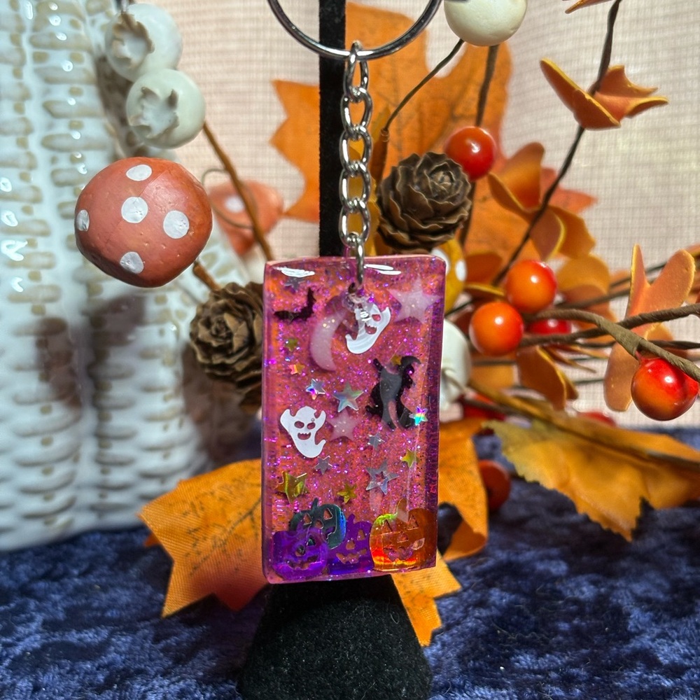 Halloween-Themed Pink Keychain with Ghosts and Cats